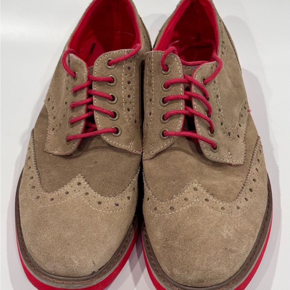 Men's Tan and Red Suede Oxford Shoes